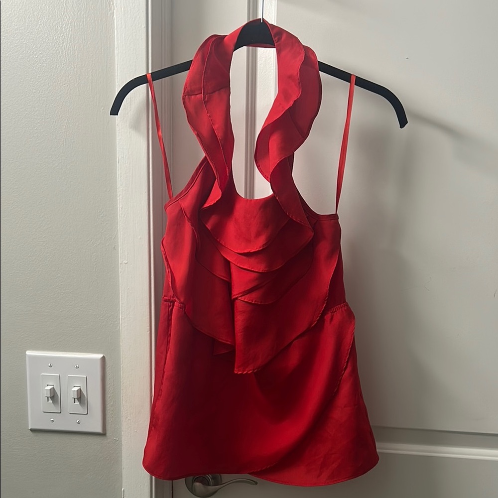 Akira Red Halter Top with Ruffle Detail